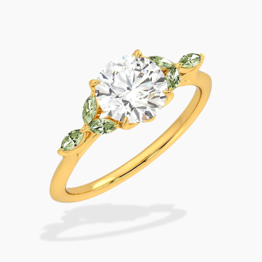 Lima Accents (Green Marquise Sides) Round Lab Grown Diamond Engagement Ring in 18K Gold