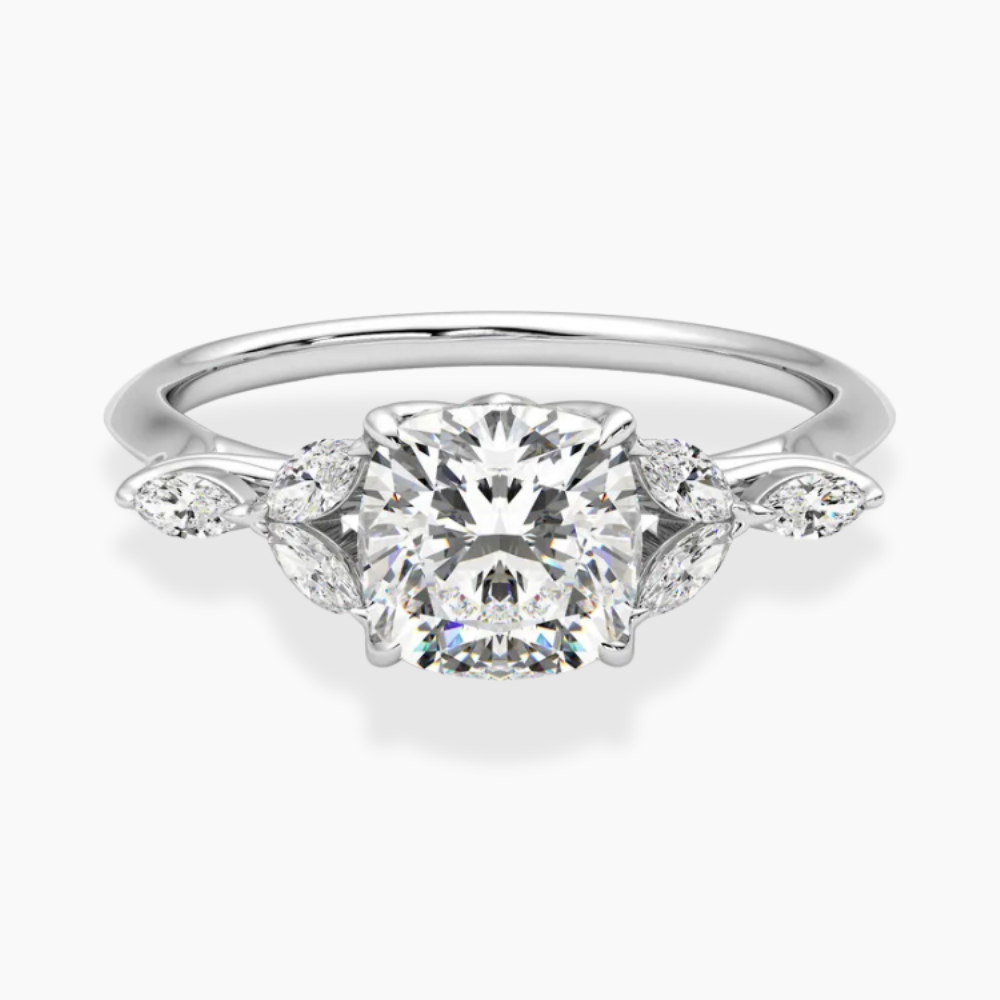 Lima Accents (Marquise Sides) Cushion Lab Grown Diamond Engagement Ring in 18K Gold