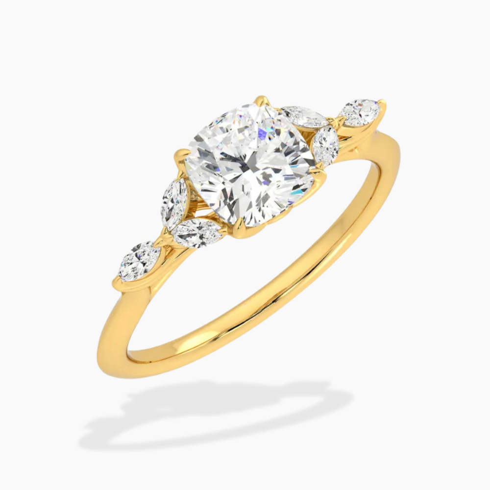 Lima Accents (Marquise Sides) Cushion Lab Grown Diamond Engagement Ring in 18K Gold