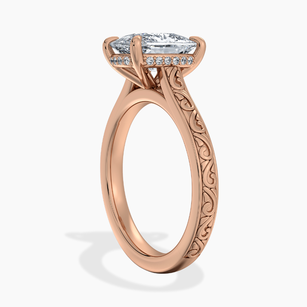 Melodica Engraved Cathedral Shank Hidden Halo Cushion Lab Grown Diamond Engagement Ring 18K Gold