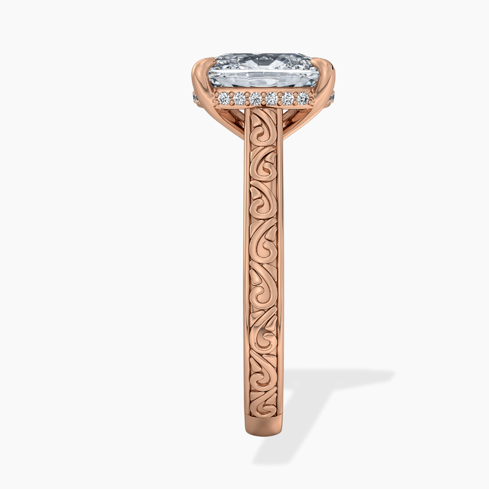 Melodica Engraved Cathedral Shank Hidden Halo Cushion Lab Grown Diamond Engagement Ring 18K Gold