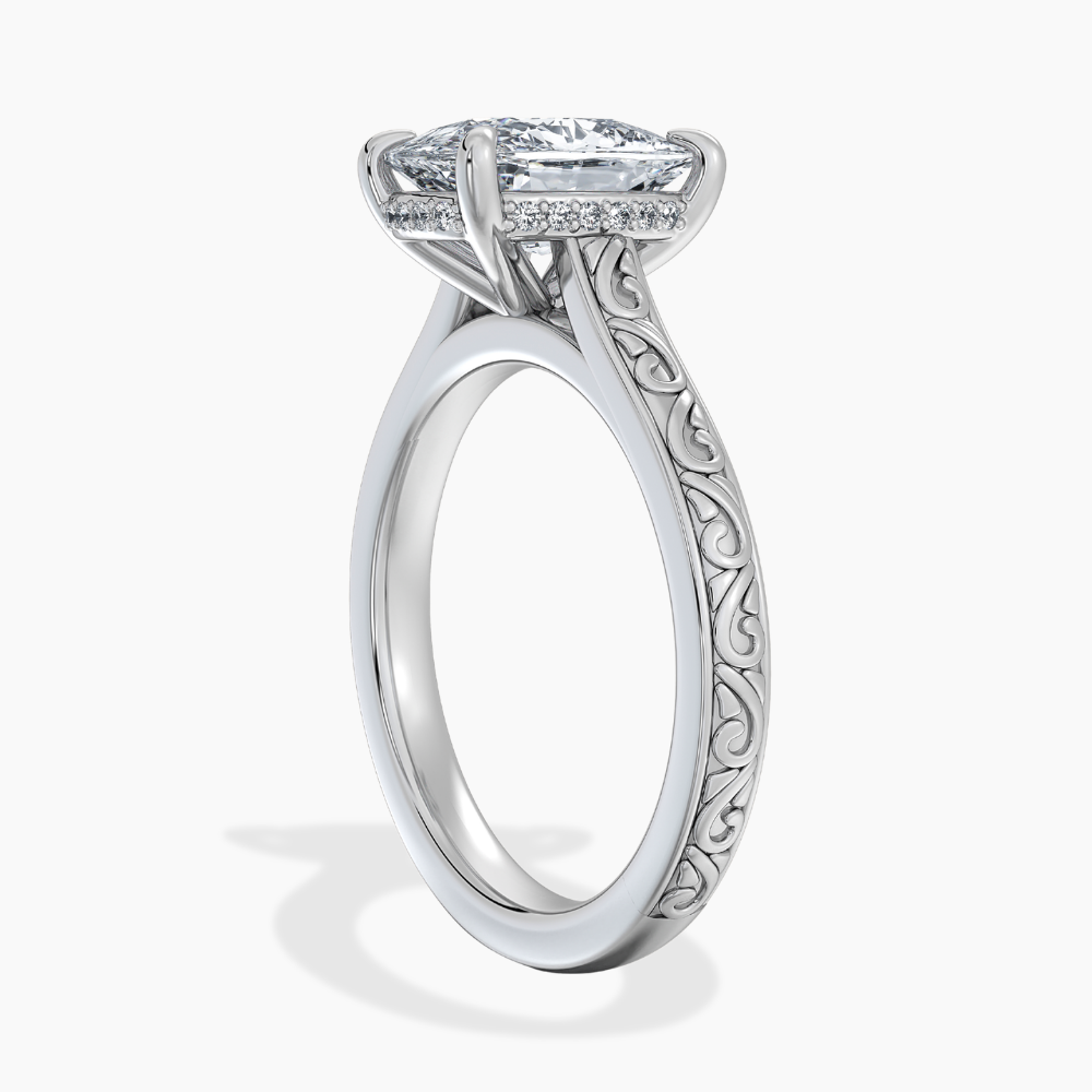 Melodica Engraved Cathedral Shank Hidden Halo Cushion Lab Grown Diamond Engagement Ring 18K Gold