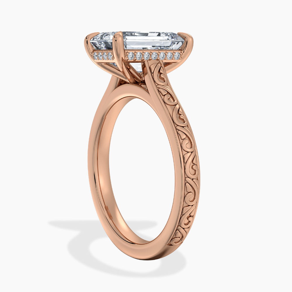 Melodica Engraved Cathedral Shank Hidden Halo Emerald Lab Grown Diamond Engagement Ring 18K Gold