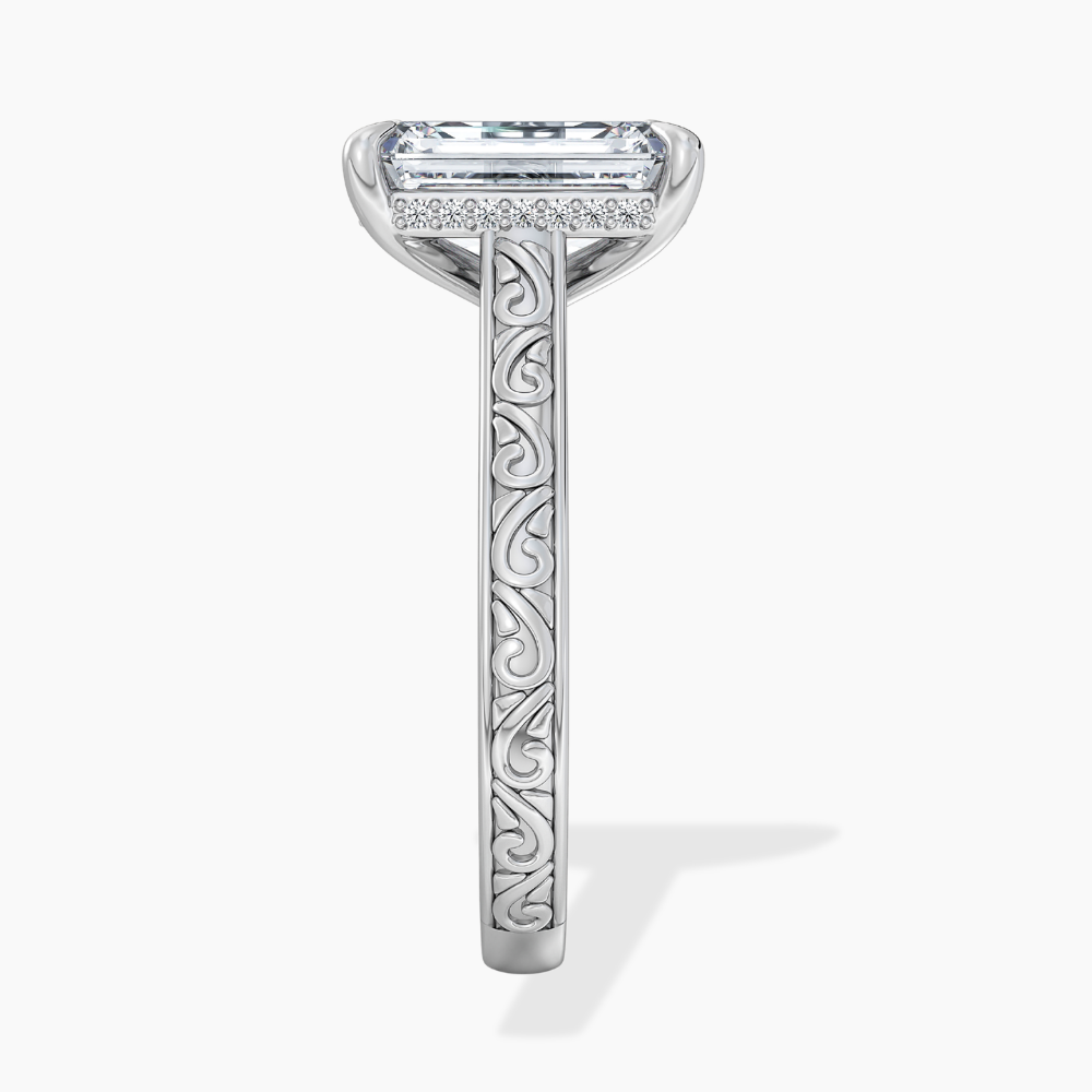 Melodica Engraved Cathedral Shank Hidden Halo Emerald Lab Grown Diamond Engagement Ring 18K Gold