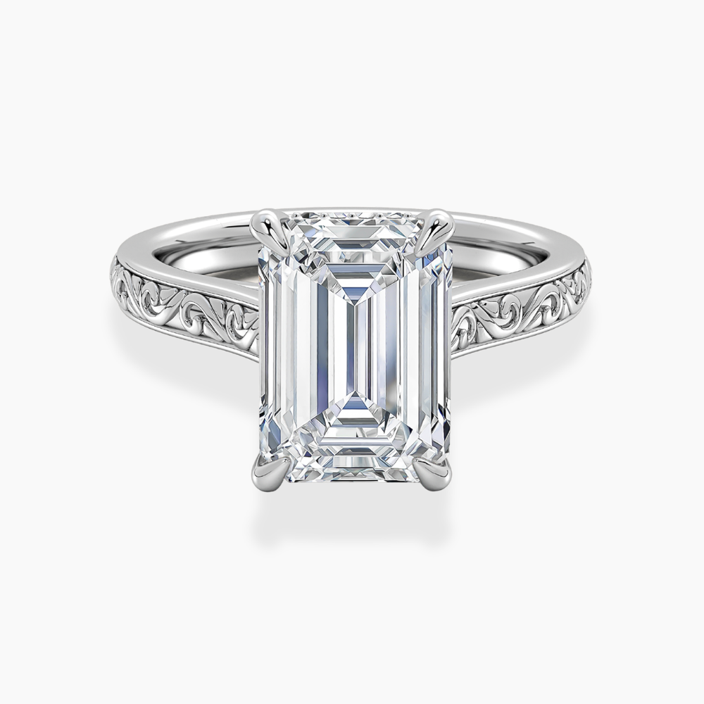 Melodica Engraved Cathedral Shank Hidden Halo Emerald Lab Grown Diamond Engagement Ring 18K Gold