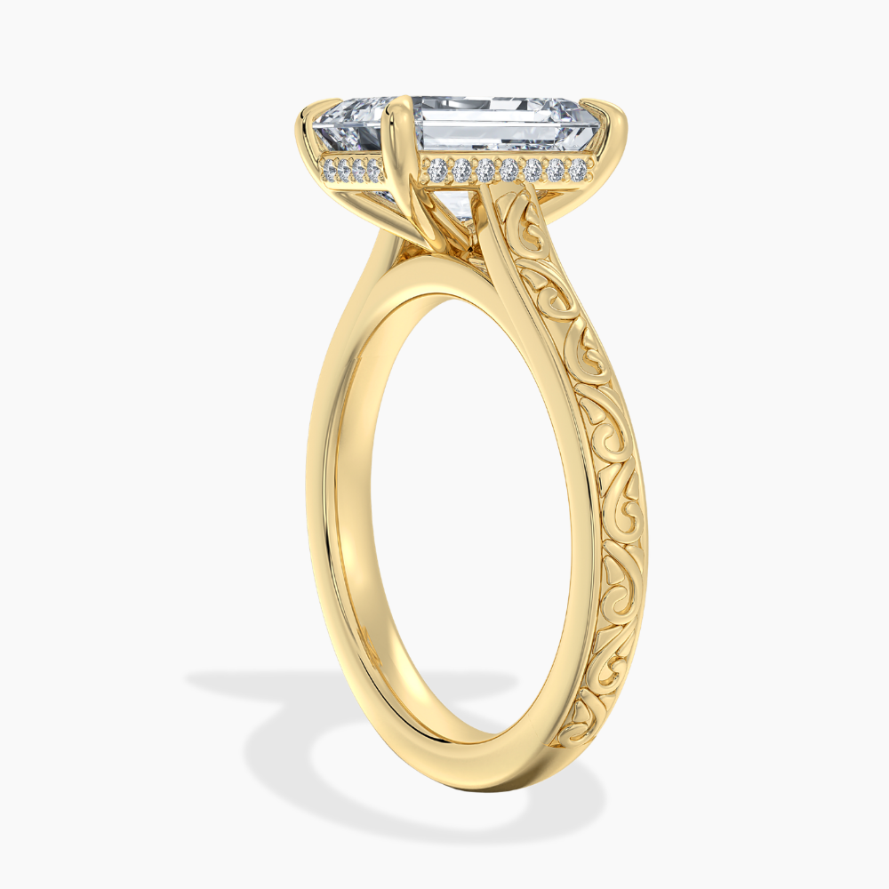 Melodica Engraved Cathedral Shank Hidden Halo Emerald Lab Grown Diamond Engagement Ring 18K Gold
