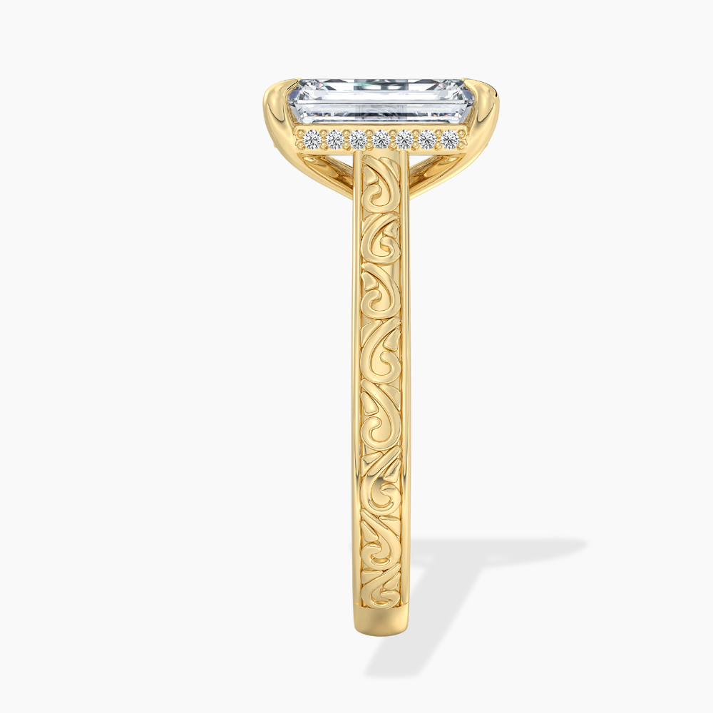 Melodica Engraved Cathedral Shank Hidden Halo Emerald Lab Grown Diamond Engagement Ring 18K Gold