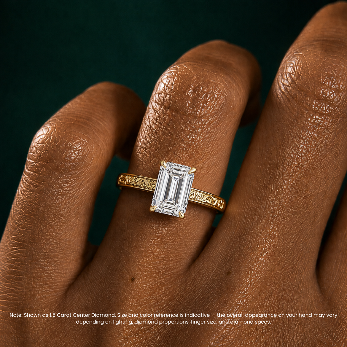 Melodica Engraved Cathedral Shank Hidden Halo Emerald Lab Grown Diamond Engagement Ring 18K Gold