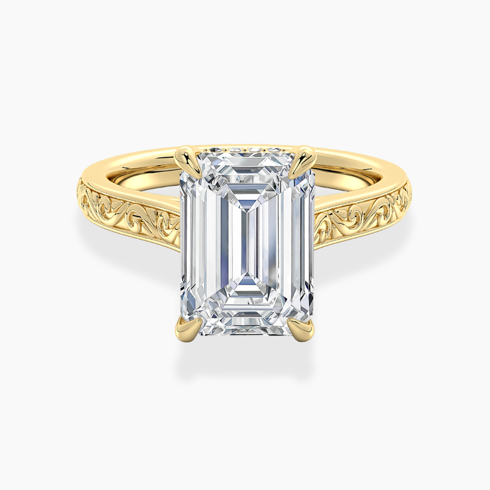 Melodica Engraved Cathedral Shank Hidden Halo Emerald Lab Grown Diamond Engagement Ring 18K Gold