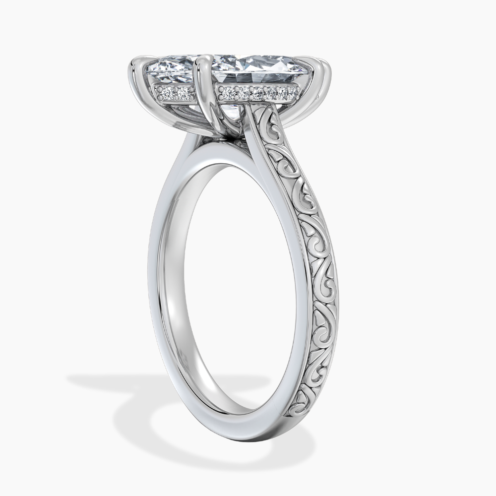 Melodica Engraved Cathedral Shank Hidden Halo Marquise Lab Grown Diamond Engagement Ring 18K Gold