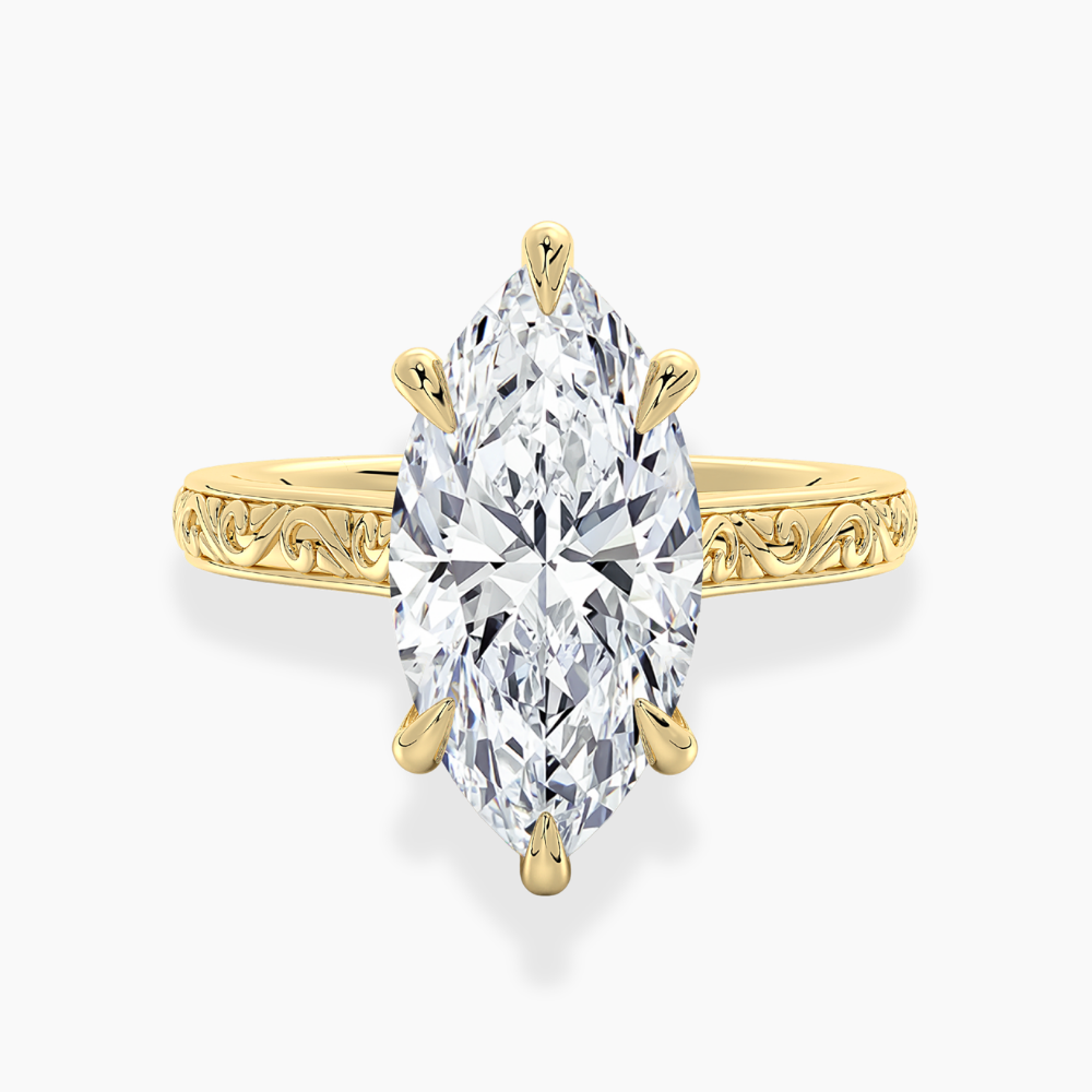Melodica Engraved Cathedral Shank Hidden Halo Marquise Lab Grown Diamond Engagement Ring 18K Gold