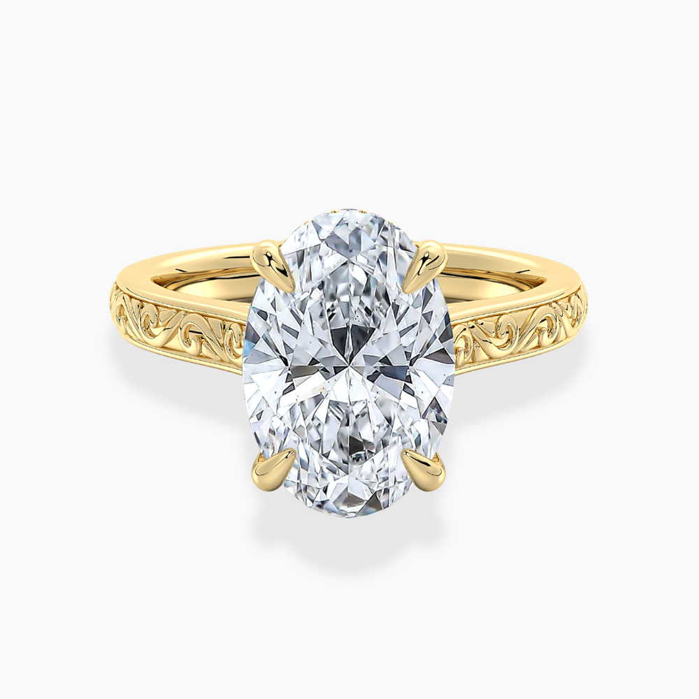 Melodica Engraved Cathedral Shank Hidden Halo Oval Lab Grown Diamond Engagement Ring 18K Gold