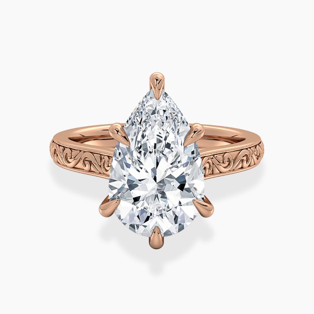 Melodica Engraved Cathedral Shank Hidden Halo Pear Lab Grown Diamond Engagement Ring 18K Gold