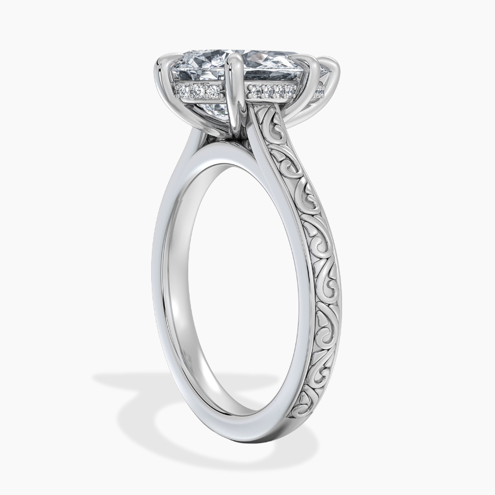 Melodica Engraved Cathedral Shank Hidden Halo Pear Lab Grown Diamond Engagement Ring 18K Gold