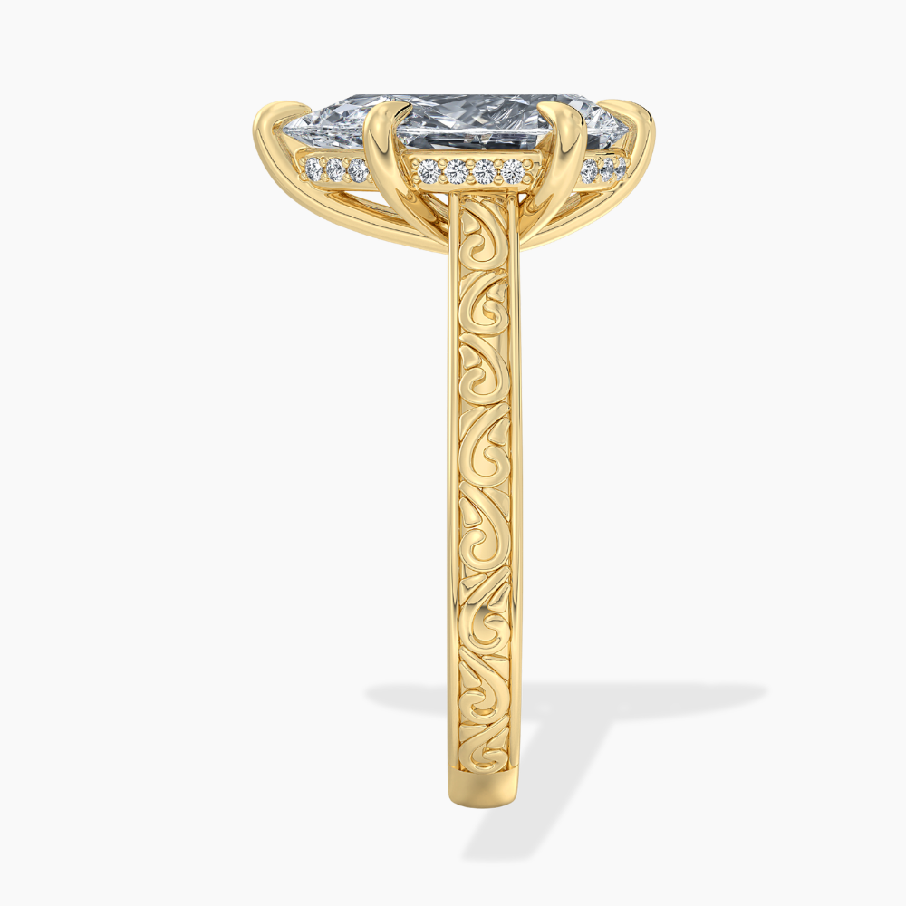 Melodica Engraved Cathedral Shank Hidden Halo Pear Lab Grown Diamond Engagement Ring 18K Gold