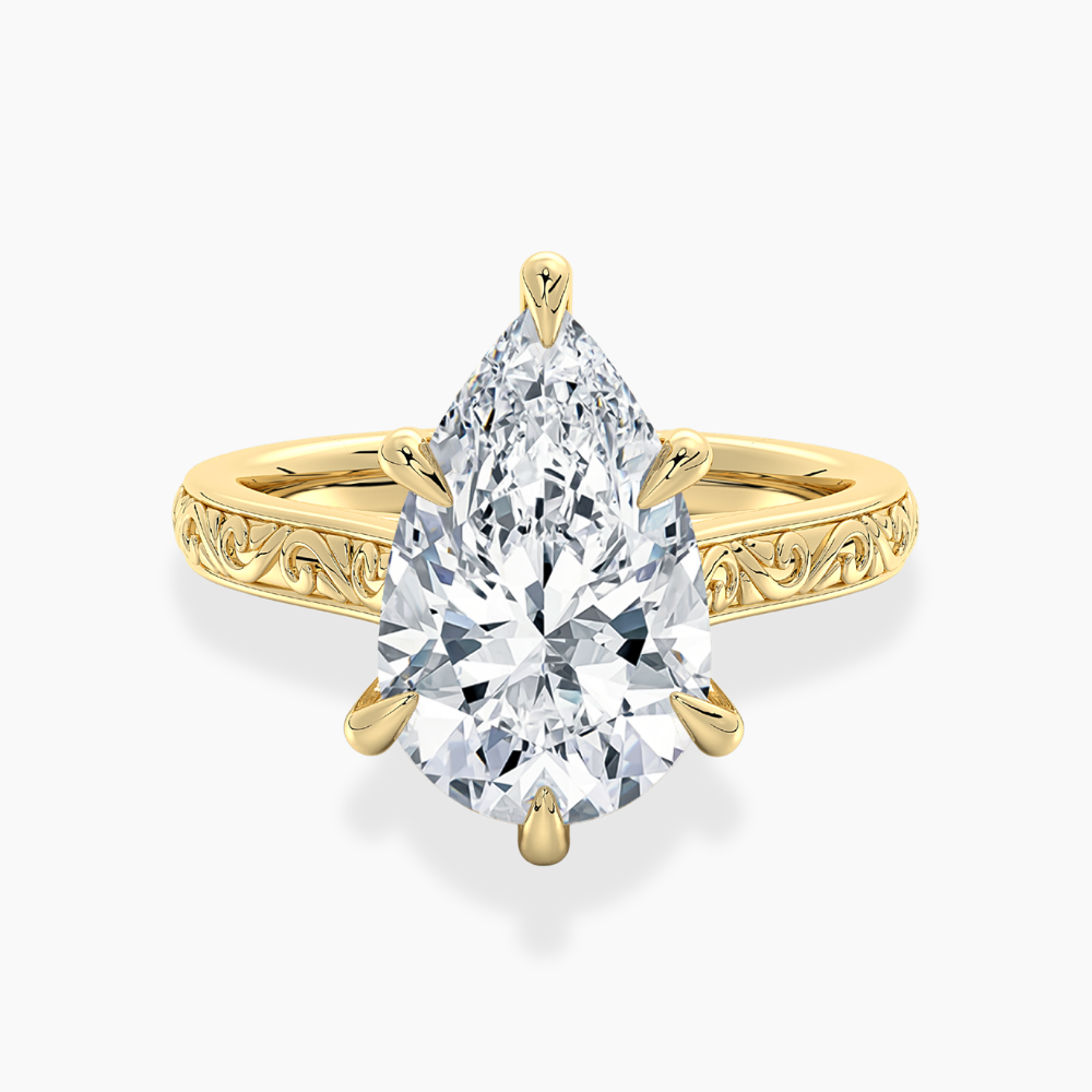 Melodica Engraved Cathedral Shank Hidden Halo Pear Lab Grown Diamond Engagement Ring 18K Gold