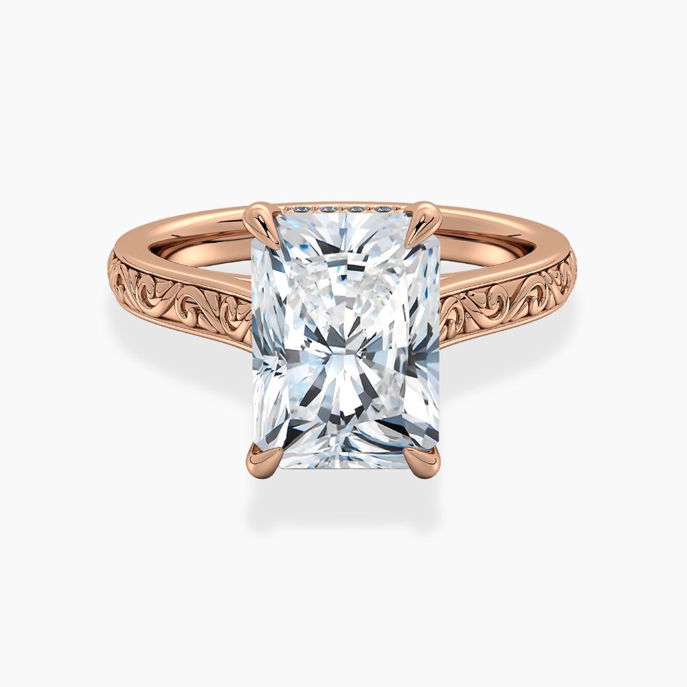 Melodica Engraved Cathedral Shank Hidden Halo Radiant Lab Grown Diamond Engagement Ring 18K Gold