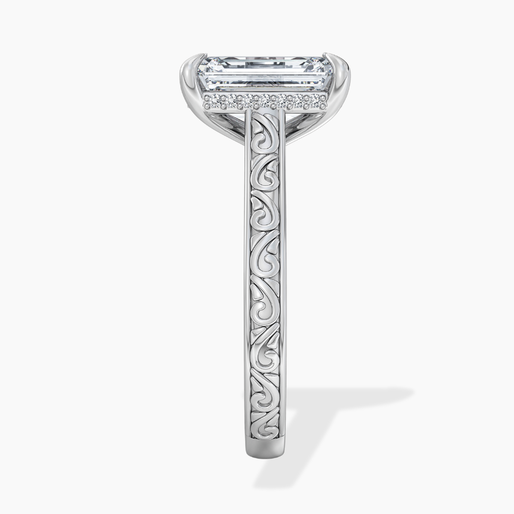 Melodica Engraved Cathedral Shank Hidden Halo Radiant Lab Grown Diamond Engagement Ring 18K Gold