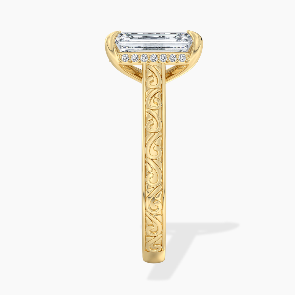 Melodica Engraved Cathedral Shank Hidden Halo Radiant Lab Grown Diamond Engagement Ring 18K Gold