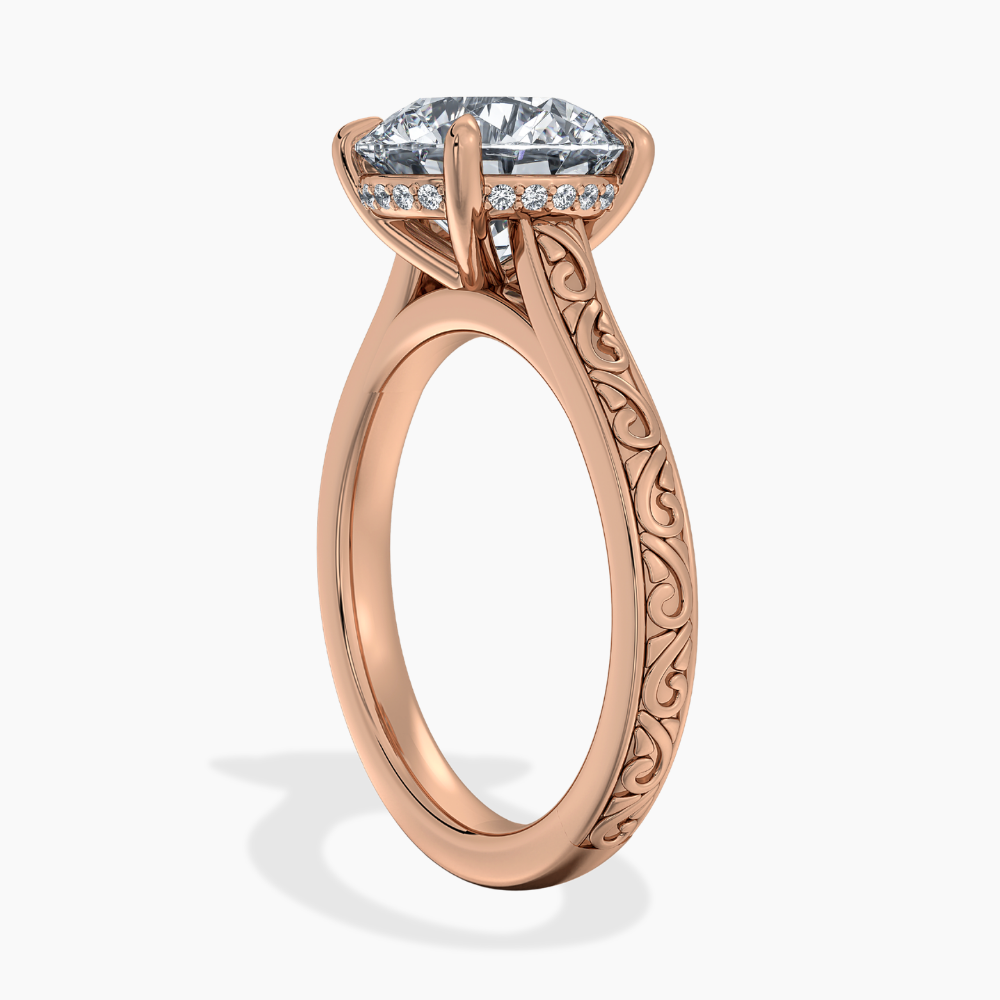 Melodica Engraved Cathedral Shank Hidden Halo Round  Lab Grown Diamond Engagement Ring 18K Gold