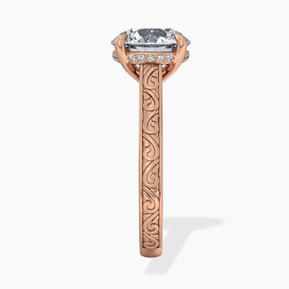 Melodica Engraved Cathedral Shank Hidden Halo Round  Lab Grown Diamond Engagement Ring 18K Gold