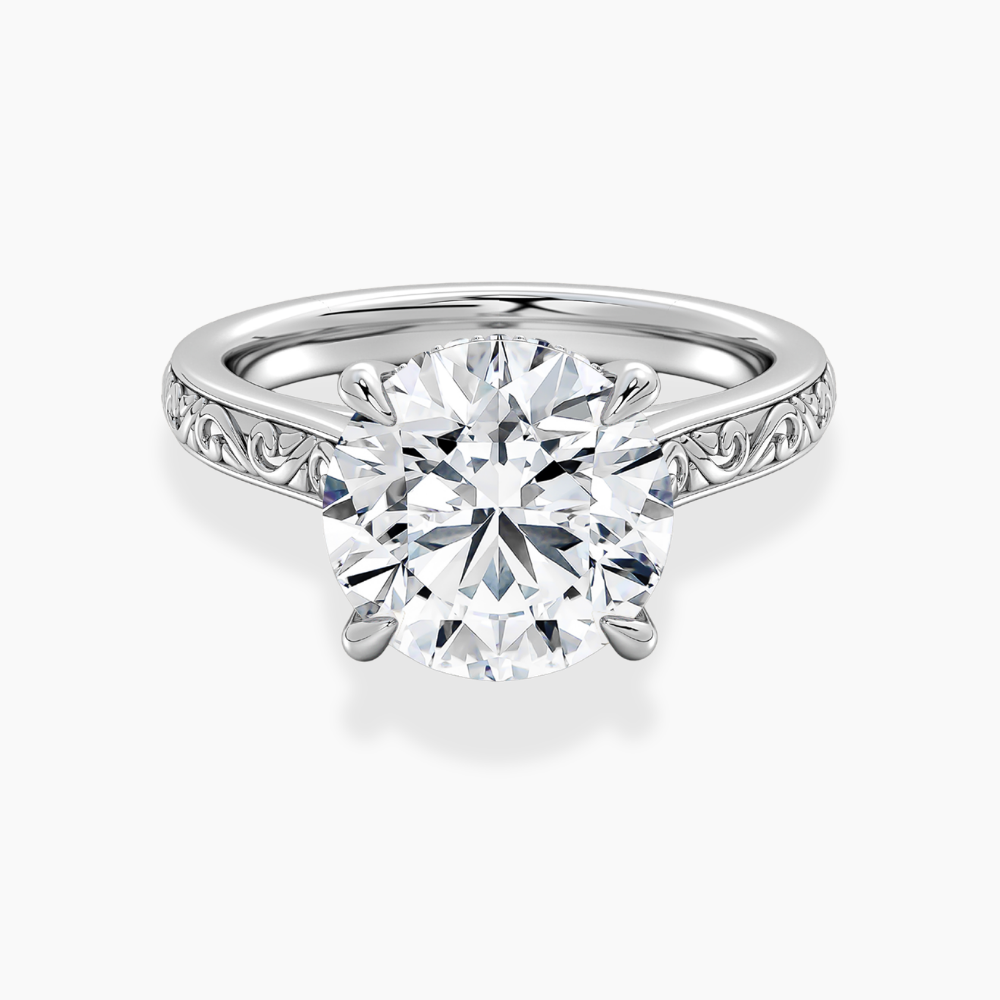 Melodica Engraved Cathedral Shank Hidden Halo Round  Lab Grown Diamond Engagement Ring 18K Gold