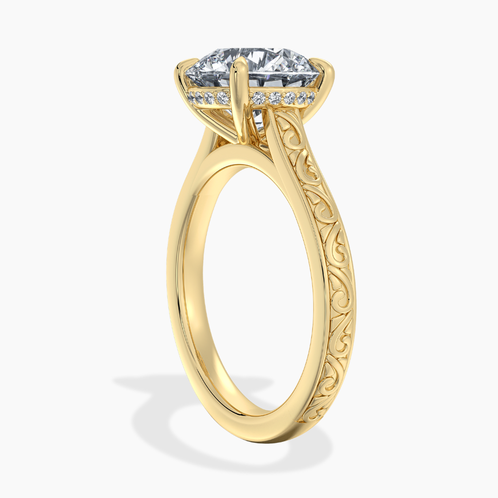 Melodica Engraved Cathedral Shank Hidden Halo Round  Lab Grown Diamond Engagement Ring 18K Gold
