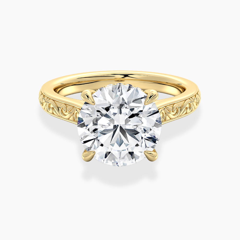 Melodica Engraved Cathedral Shank Hidden Halo Round  Lab Grown Diamond Engagement Ring 18K Gold