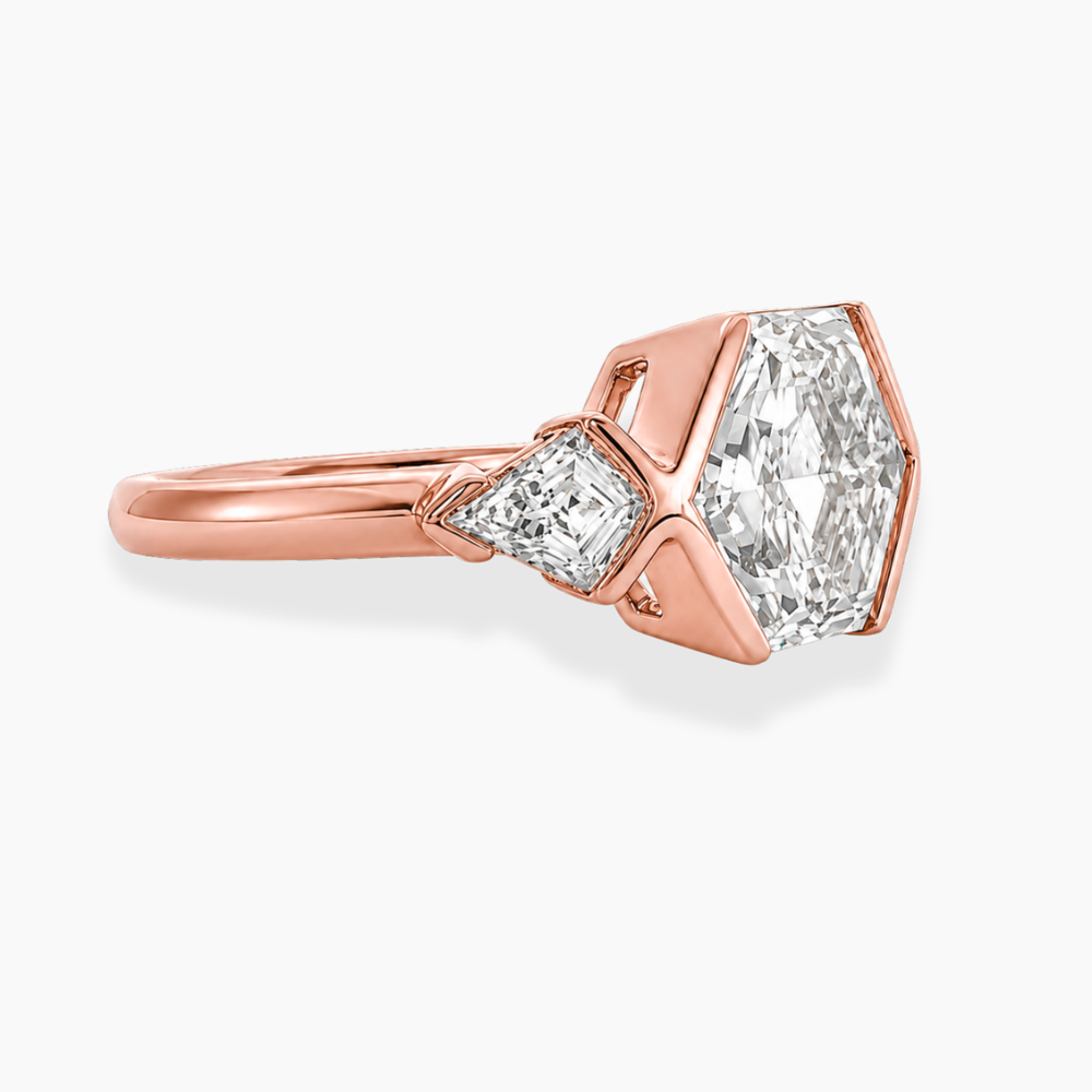 Miranda Half-Bezel Trilogy ( Kite Side Diamonds) Hexagon Lab Grown Diamond Engagement Ring in 18K Gold