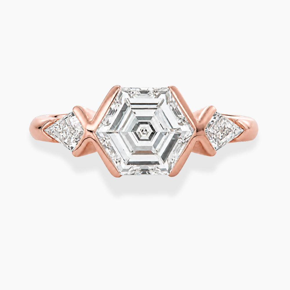 Miranda Half-Bezel Trilogy ( Kite Side Diamonds) Hexagon Lab Grown Diamond Engagement Ring in 18K Gold