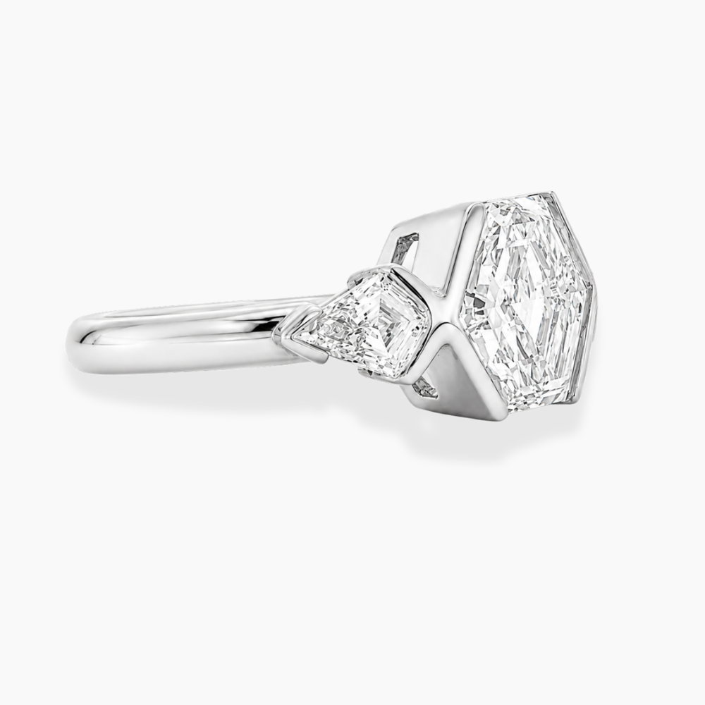 Miranda Half-Bezel Trilogy ( Kite Side Diamonds) Hexagon Lab Grown Diamond Engagement Ring in 18K Gold