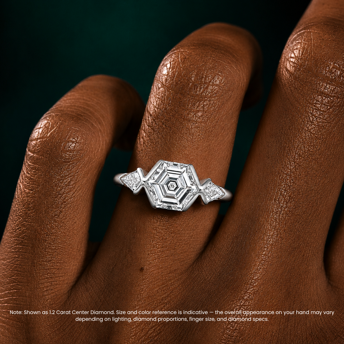 Miranda Half-Bezel Trilogy ( Kite Side Diamonds) Hexagon Lab Grown Diamond Engagement Ring in 18K Gold