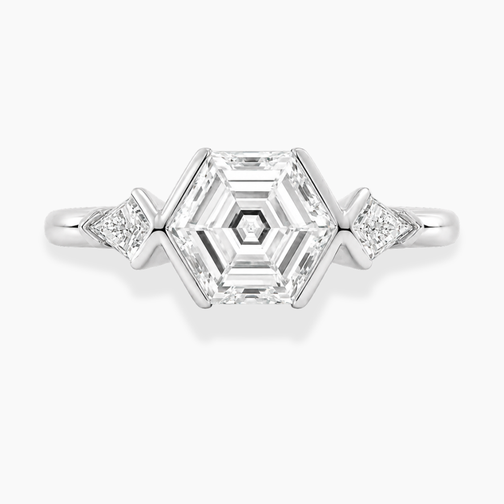 Miranda Half-Bezel Trilogy ( Kite Side Diamonds) Hexagon Lab Grown Diamond Engagement Ring in 18K Gold