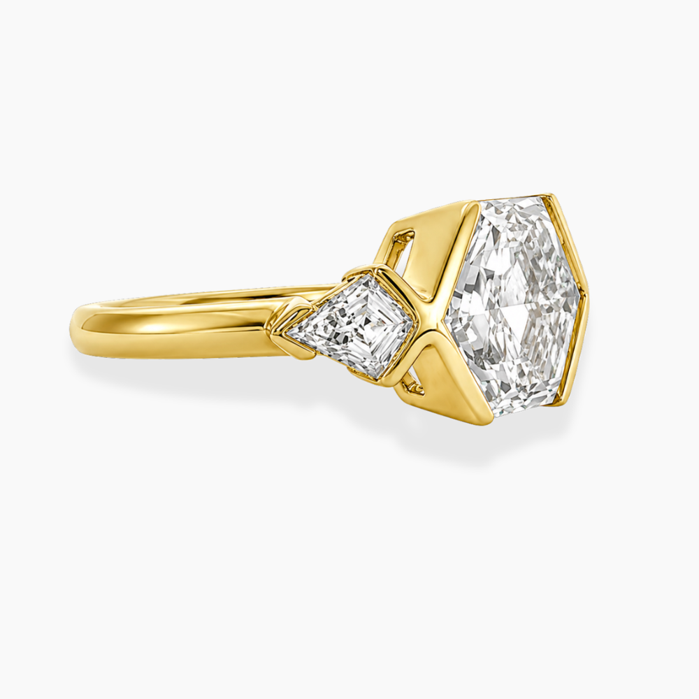 Miranda Half-Bezel Trilogy ( Kite Side Diamonds) Hexagon Lab Grown Diamond Engagement Ring in 18K Gold