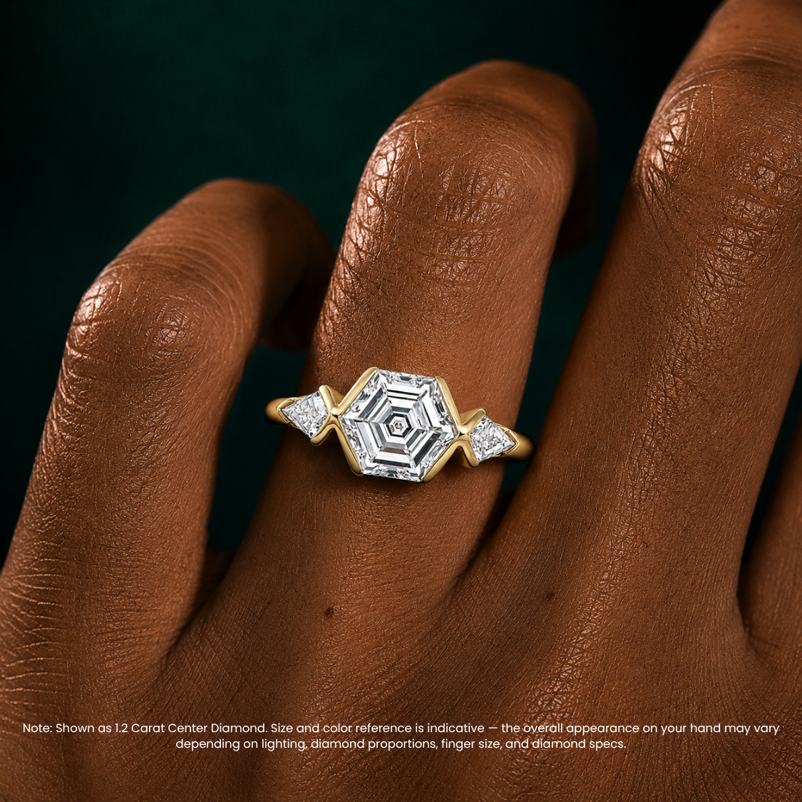 Miranda Half-Bezel Trilogy ( Kite Side Diamonds) Hexagon Lab Grown Diamond Engagement Ring in 18K Gold