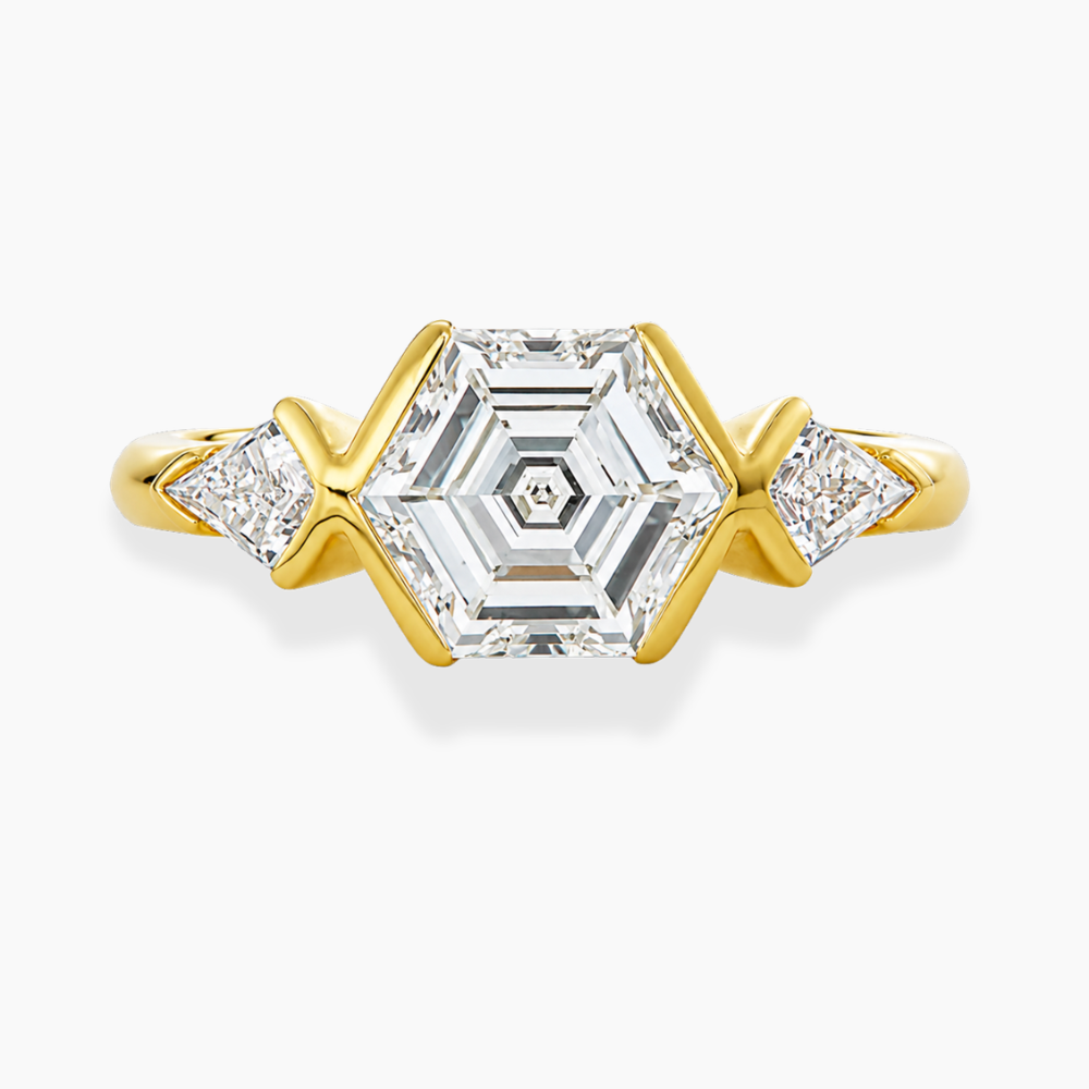 Miranda Half-Bezel Trilogy ( Kite Side Diamonds) Hexagon Lab Grown Diamond Engagement Ring in 18K Gold