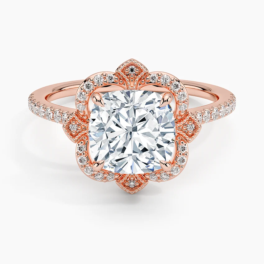 Nelly Vintage Accents (Round Side Stones) Lab Diamond Ring in 18K Gold - Cushion