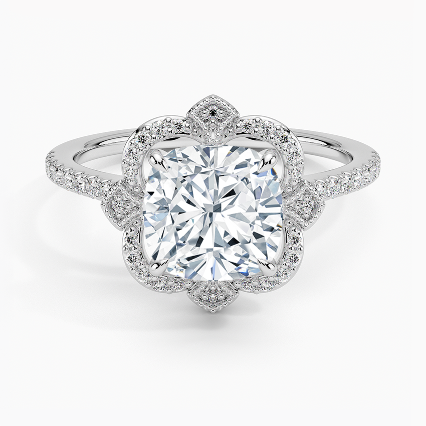 Nelly Vintage Accents (Round Side Stones) Lab Diamond Ring in 18K Gold - Cushion