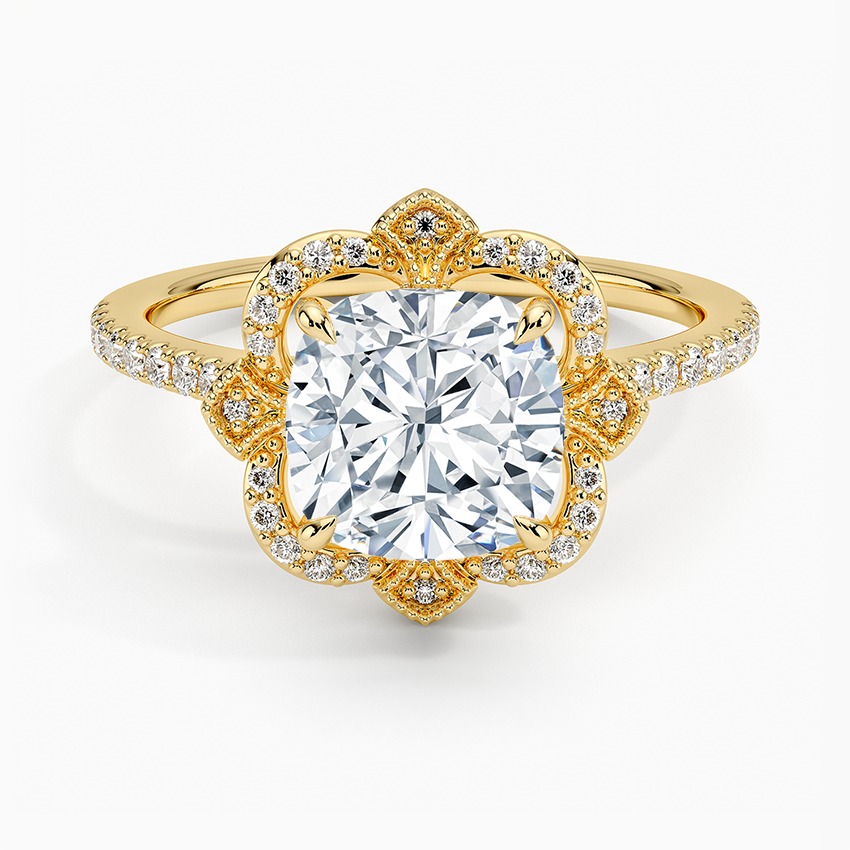 Nelly Vintage Accents (Round Side Stones) Lab Diamond Ring in 18K Gold - Cushion