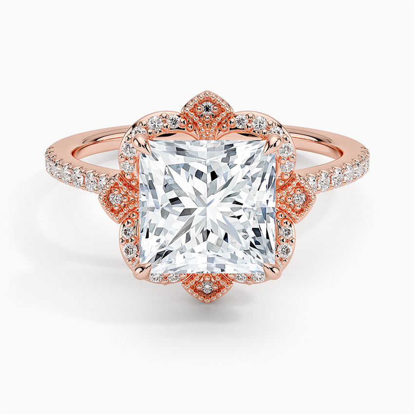 Nelly Vintage Accents (Round Side Stones) Lab Diamond Ring in 18K Gold - Princess