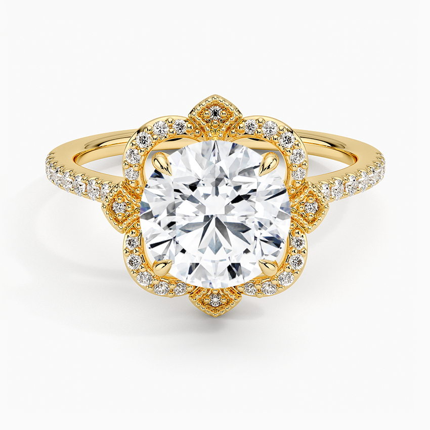Nelly Vintage Accents (Round Side Stones) Lab Diamond Ring in 18K Gold - Round