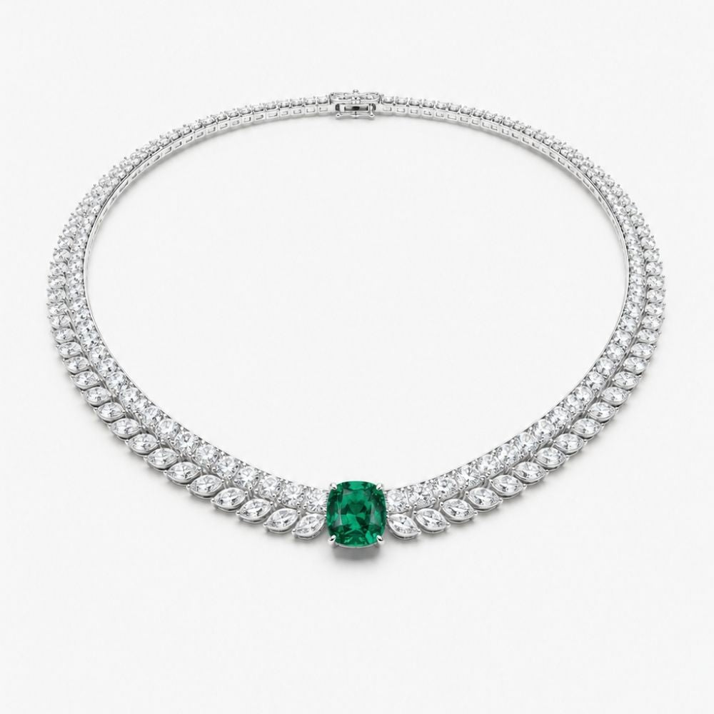Florence High Jewellery Lab Diamond (23 Carat) and Emerald Necklace (16 in.) 18K White Gold