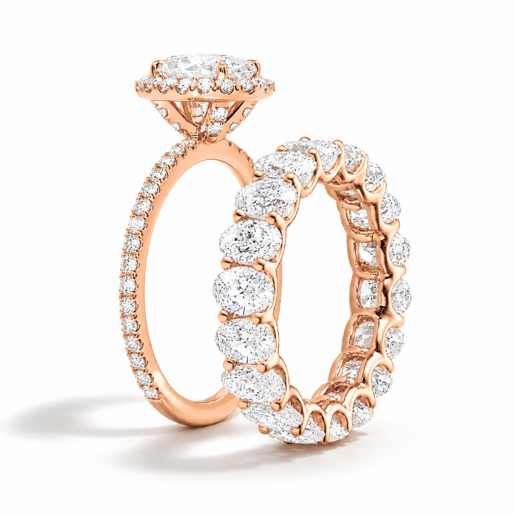 Oval Halo Pave and Oval Eternity Band Lab Grown Diamond Ring Set (2 Rings) in 18K Gold