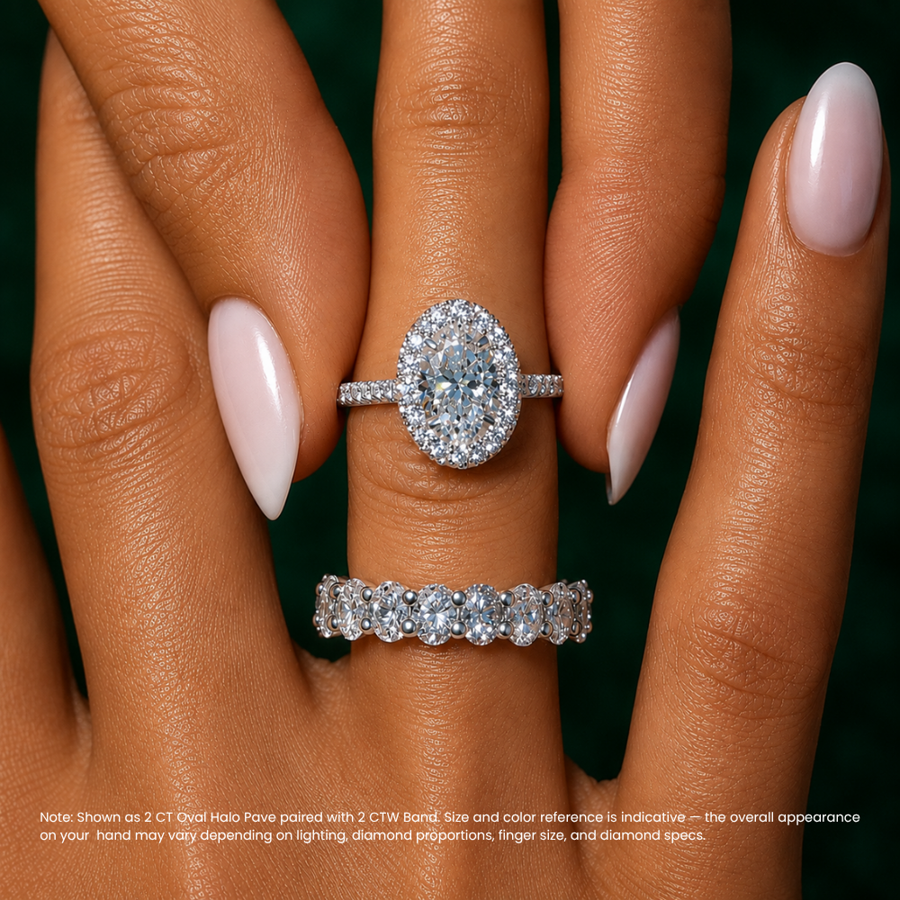 Oval Halo Pave and Oval Eternity Band Lab Grown Diamond Ring Set (2 Rings) in 18K Gold