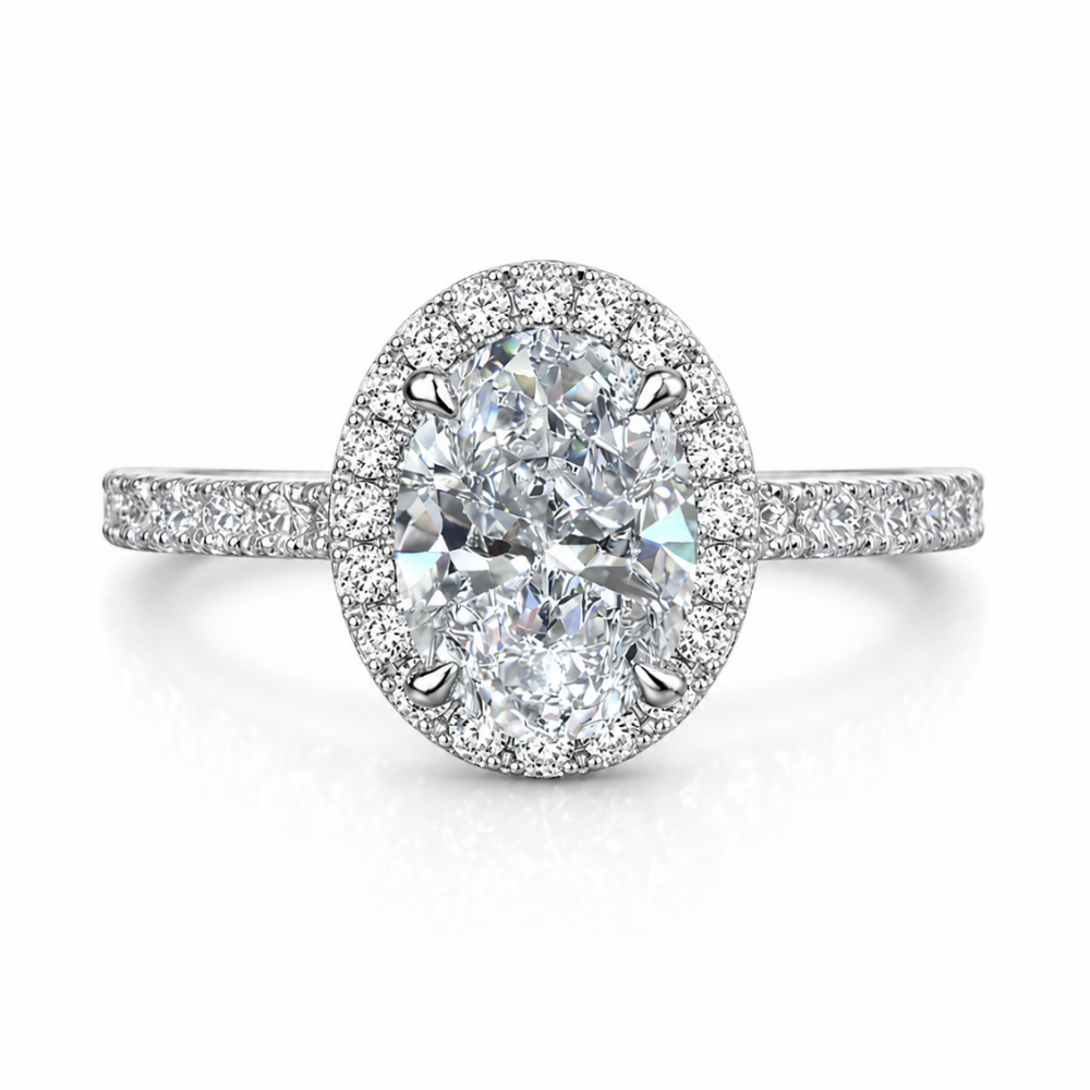 Oval Halo Pave and Oval Eternity Band Lab Grown Diamond Ring Set (2 Rings) in 18K Gold