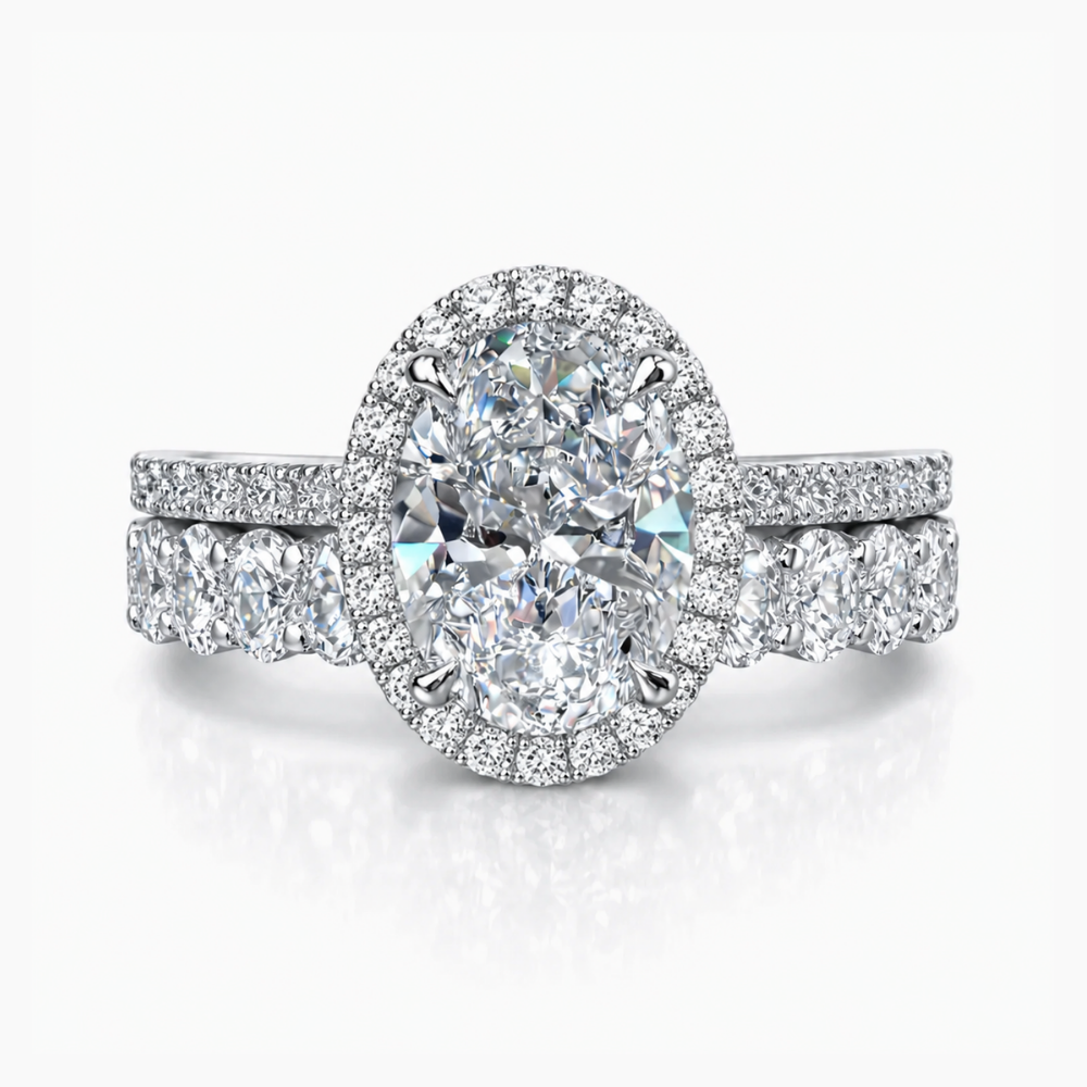 Oval Halo Pave and Oval Eternity Band Lab Grown Diamond Ring Set (2 Rings) in 18K Gold