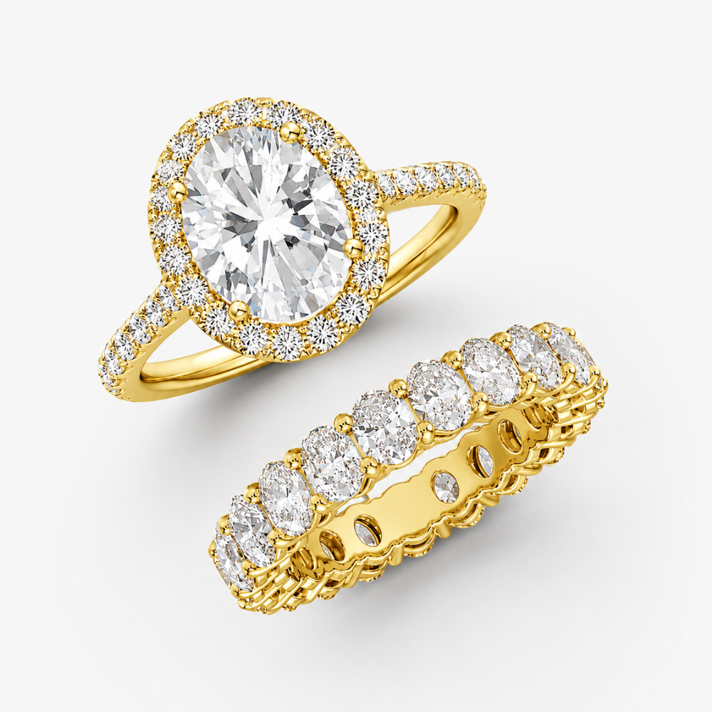 Oval Halo Pave and Oval Eternity Band Lab Grown Diamond Ring Set (2 Rings) in 18K Gold