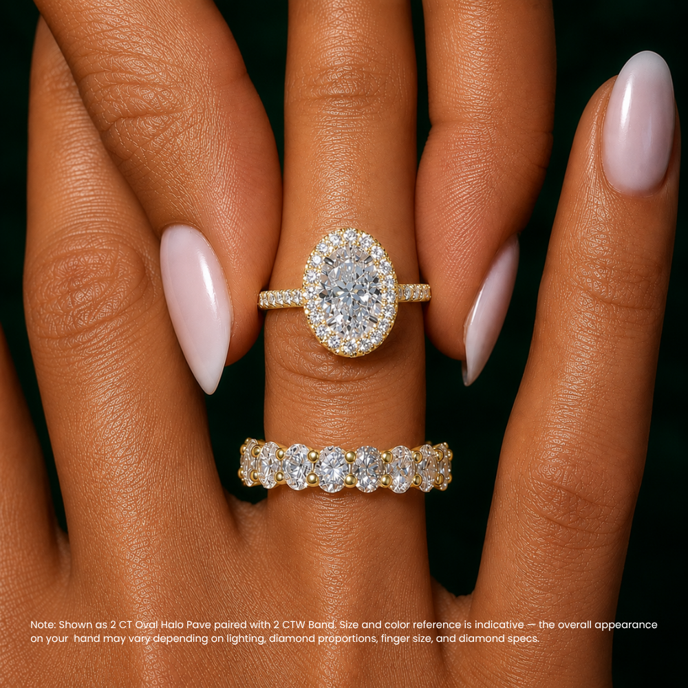 Oval Halo Pave and Oval Eternity Band Lab Grown Diamond Ring Set (2 Rings) in 18K Gold