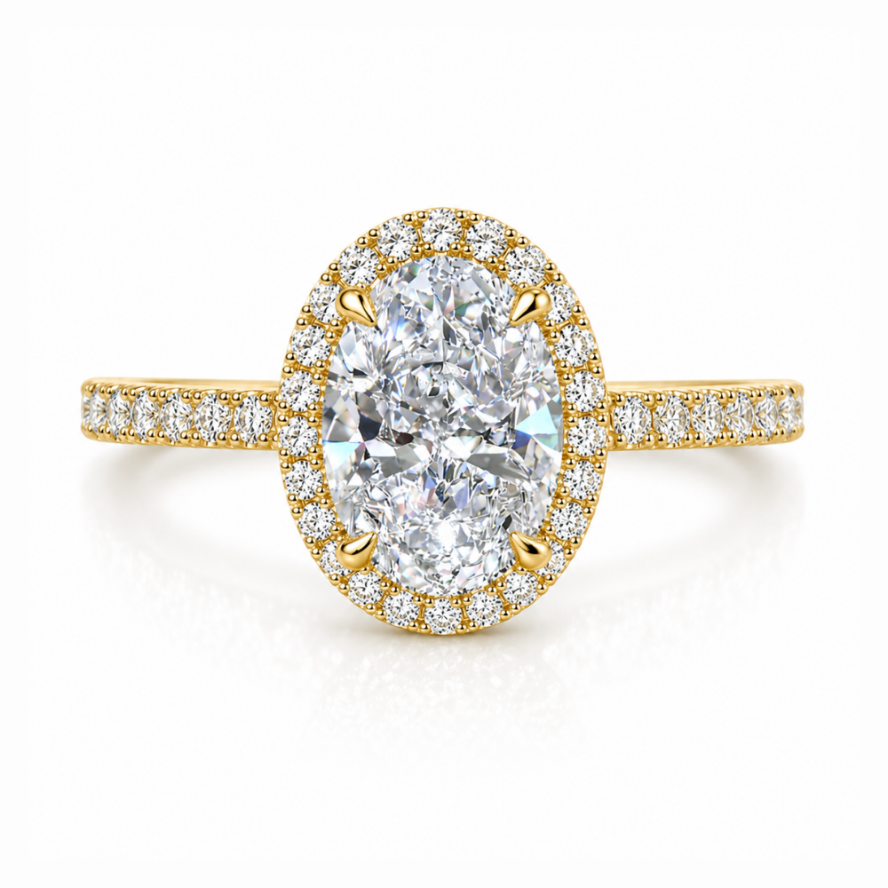 Oval Halo Pave and Oval Eternity Band Lab Grown Diamond Ring Set (2 Rings) in 18K Gold