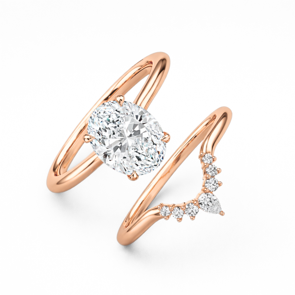 Oval Solitaire Hidden Halo and Contour Band with Pear Accent Lab Grown Diamond Ring Set (2 Rings) in 18K Gold